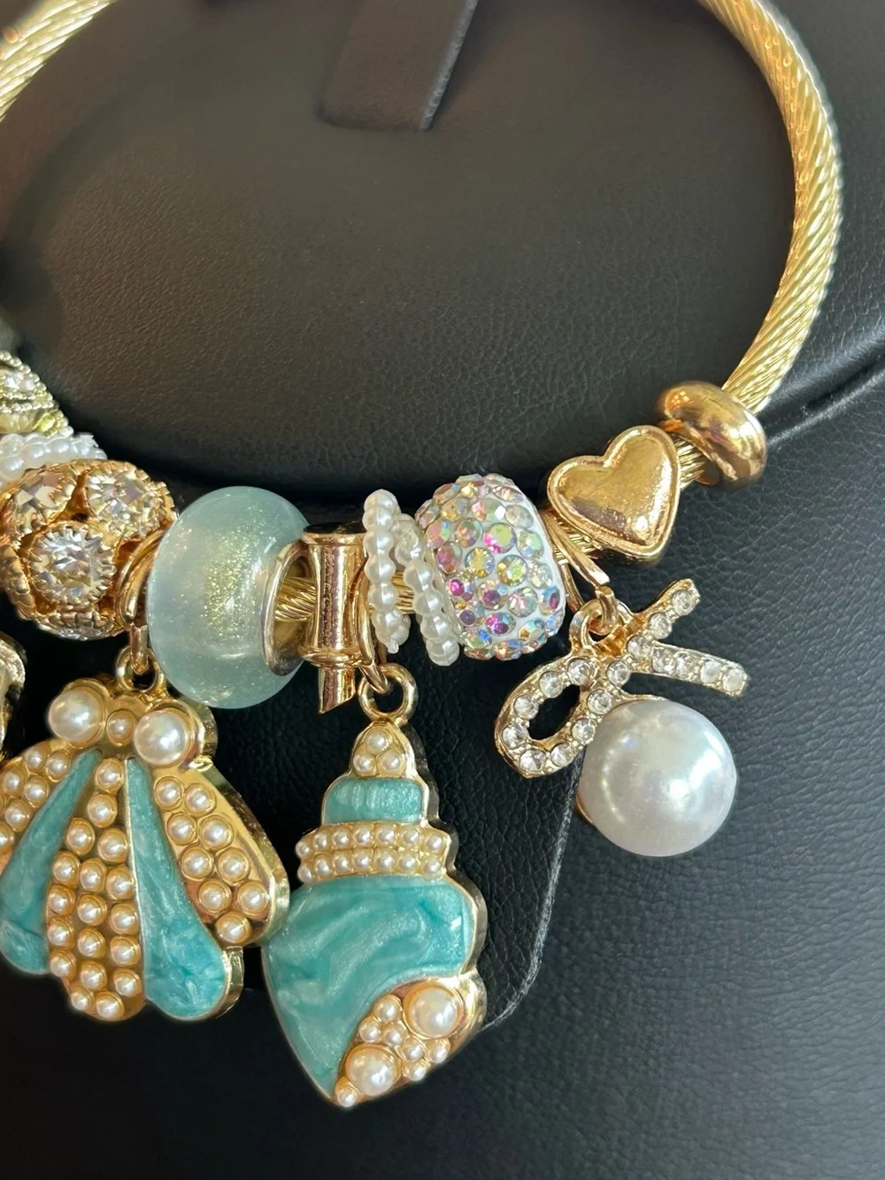 Brand New Gold Charm Bracelet with Turquoise Seashell and Pearl Charms